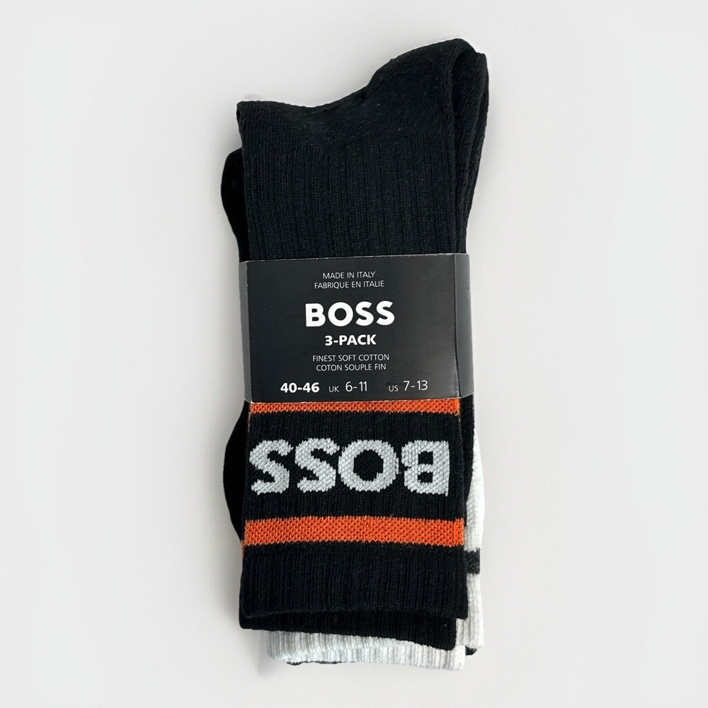 Hugo Boss (3) Pack Men's Crew Socks - Black White - Rib Stripe US 7-13 *NEW*